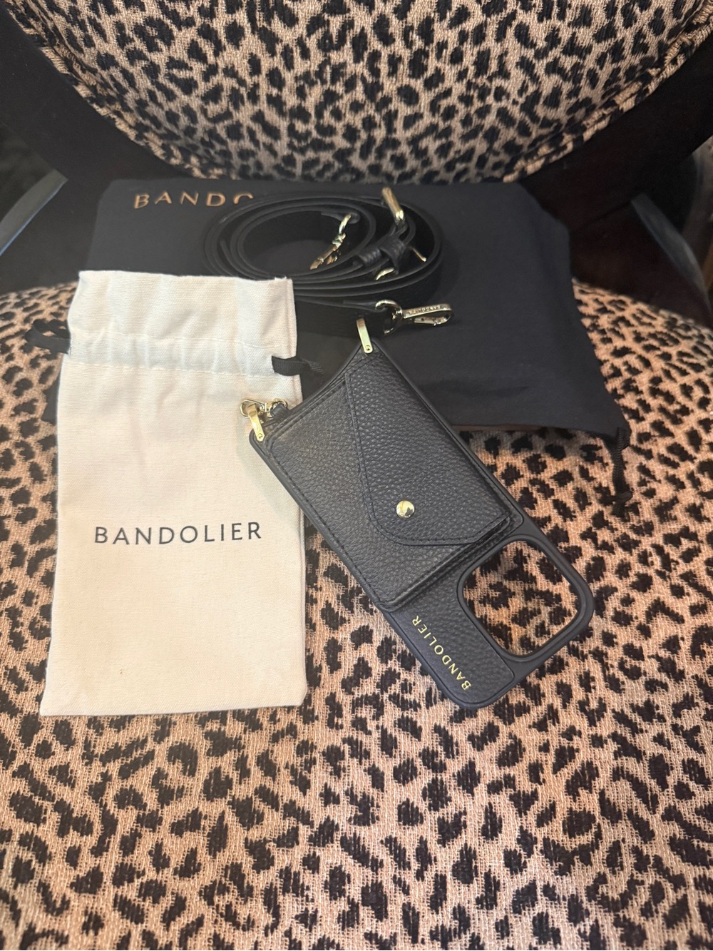Bandolier Black Leather Phone Crossbody with Card Pocket